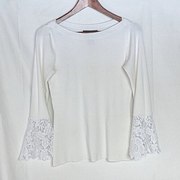 INC white knit top with lace bell sleeves petite small EUC - Picture 2 of 6